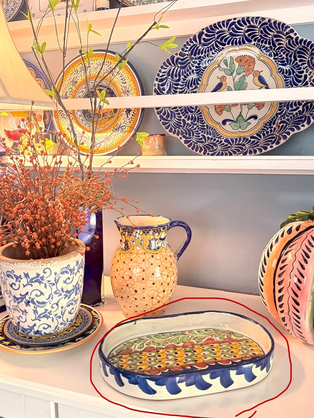 Talavera -Handcrafted Oval Ceramic Platter in Blue, Green and Yellow